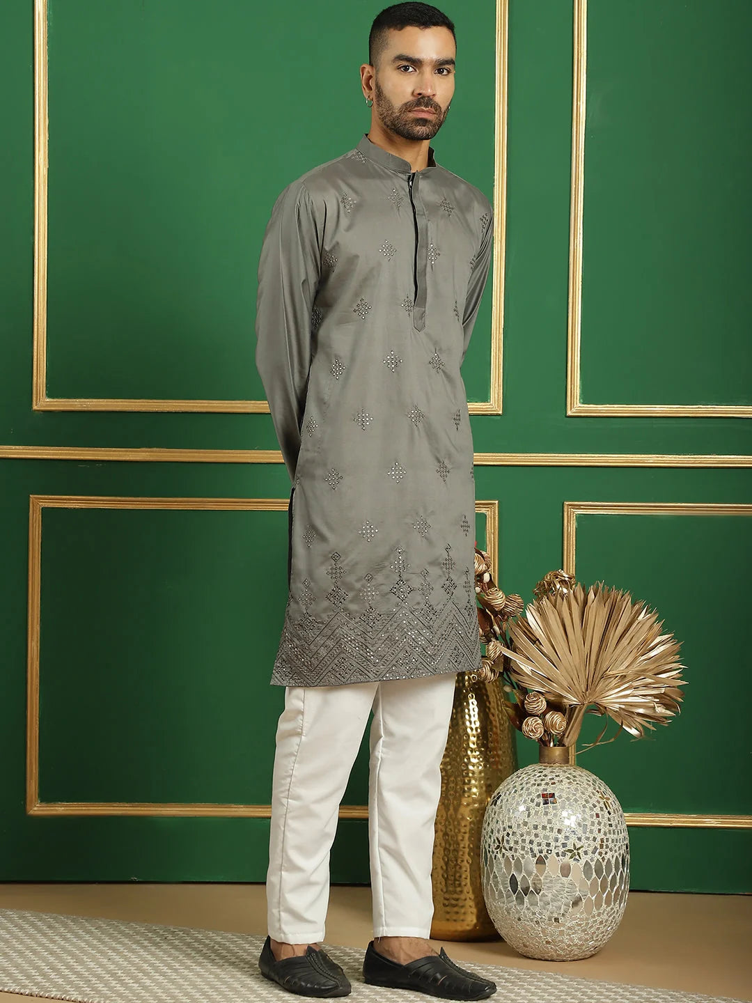 Yellow Embroidered Silk Kurta - Indian Kurta for Men
