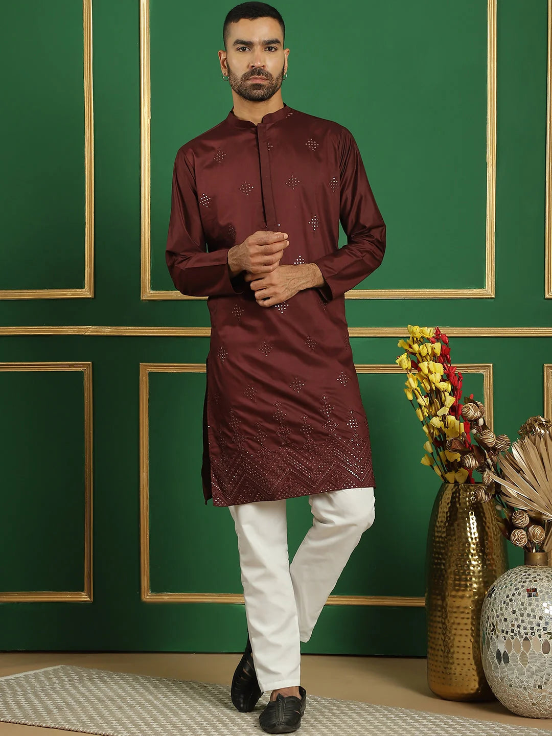 Black Embroidered Silk Kurta - Indian Kurta for Men