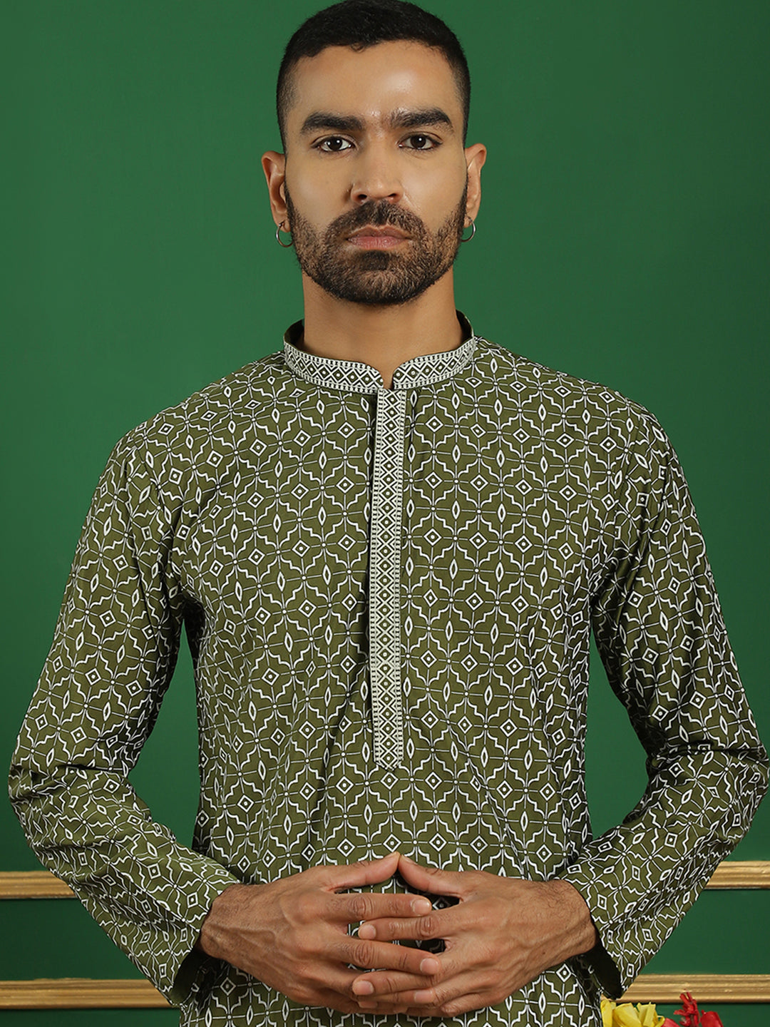 Men Purple Embroidered and Sequence Kurtas-KO-5060Olive