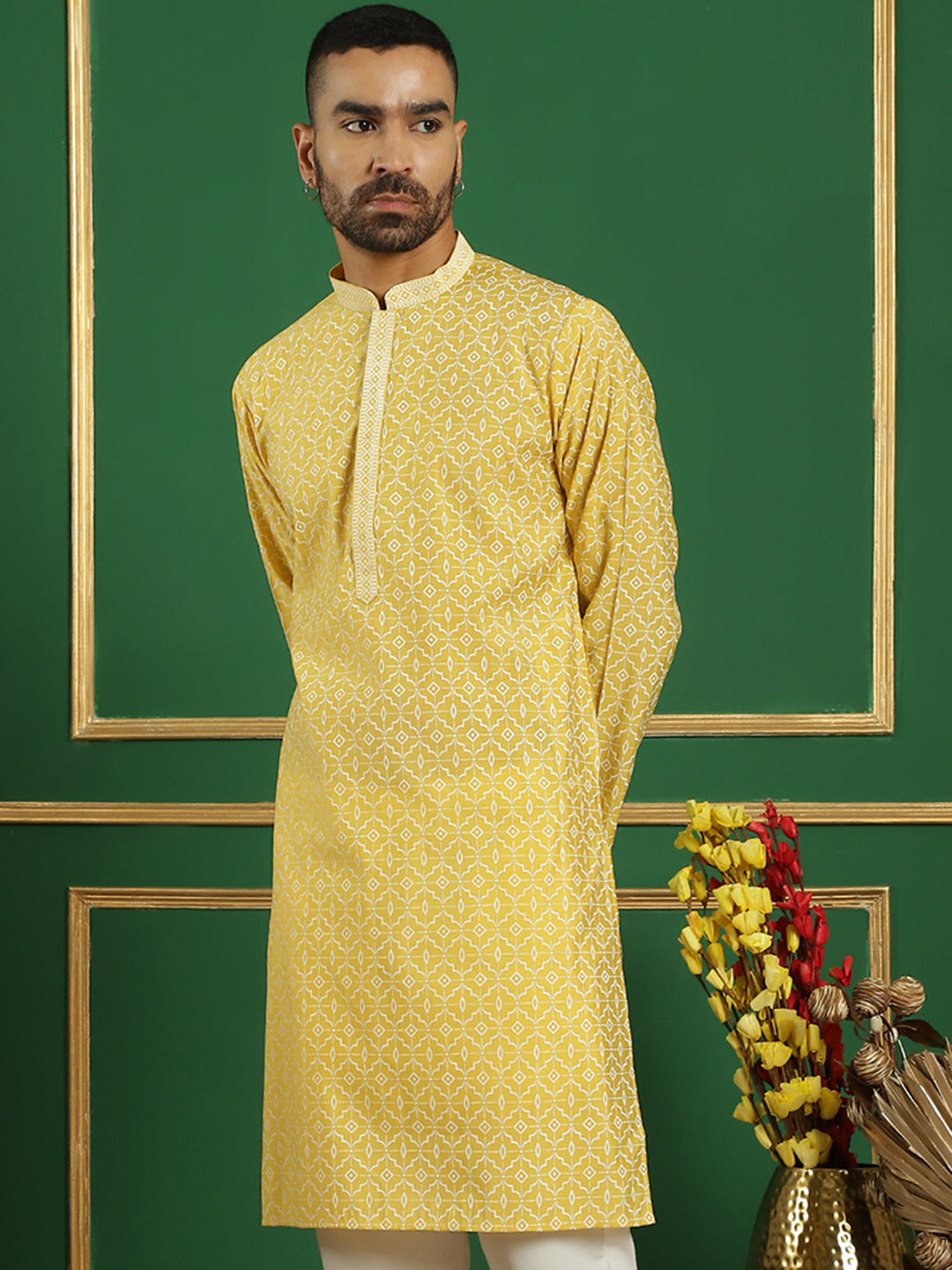 Shop Yellow Embroidered Mens Kurta - Indian Kurta for Men