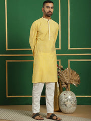 Men Grey Embroidered and Sequence Kurtas-KO-5060Yellow