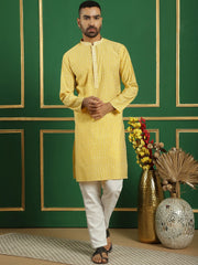 Men Grey Embroidered and Sequence Kurtas-KO-5060Yellow