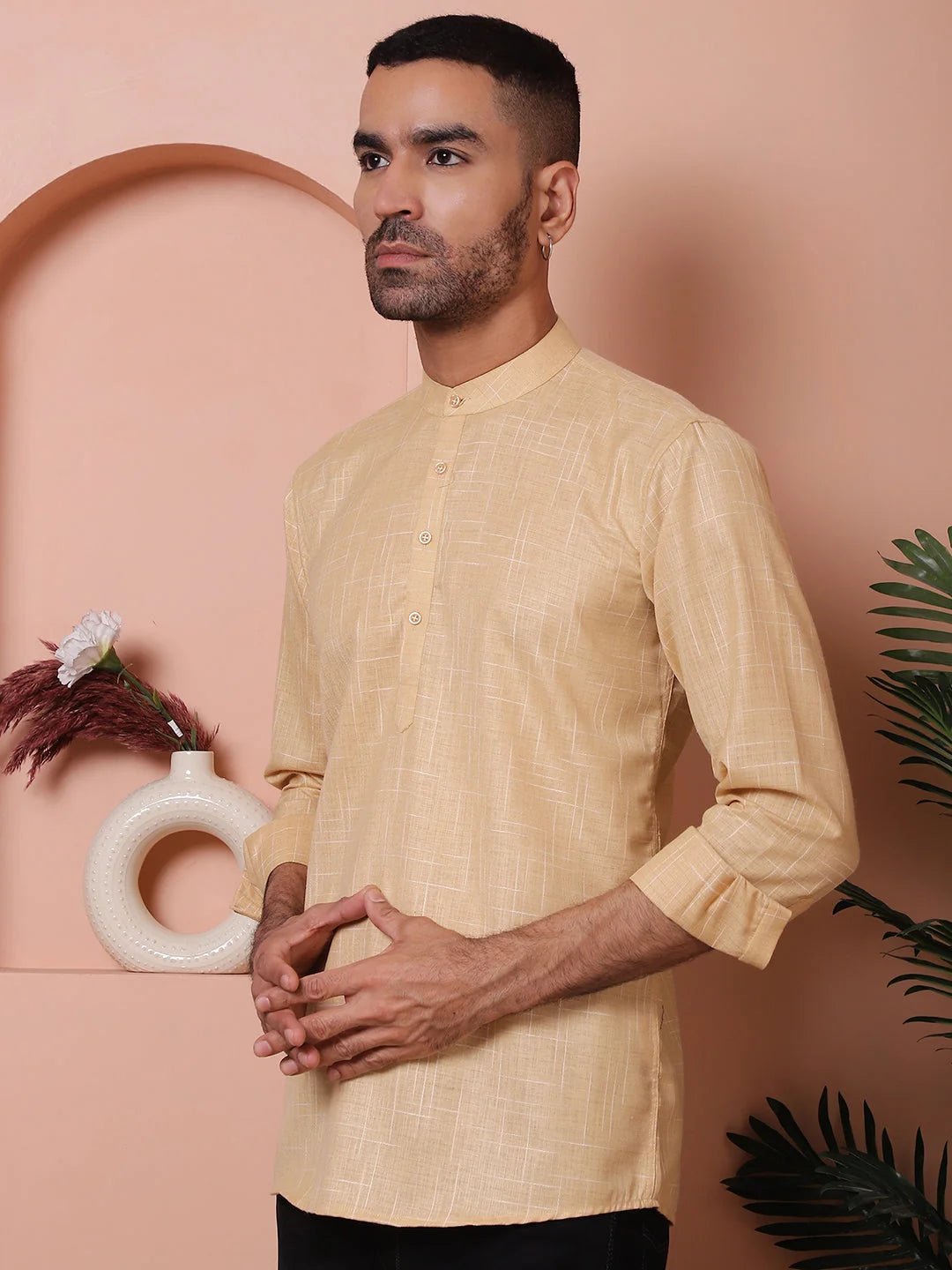 Beige Men's Kurta: Woven Design Cotton Indian Kurta for Men