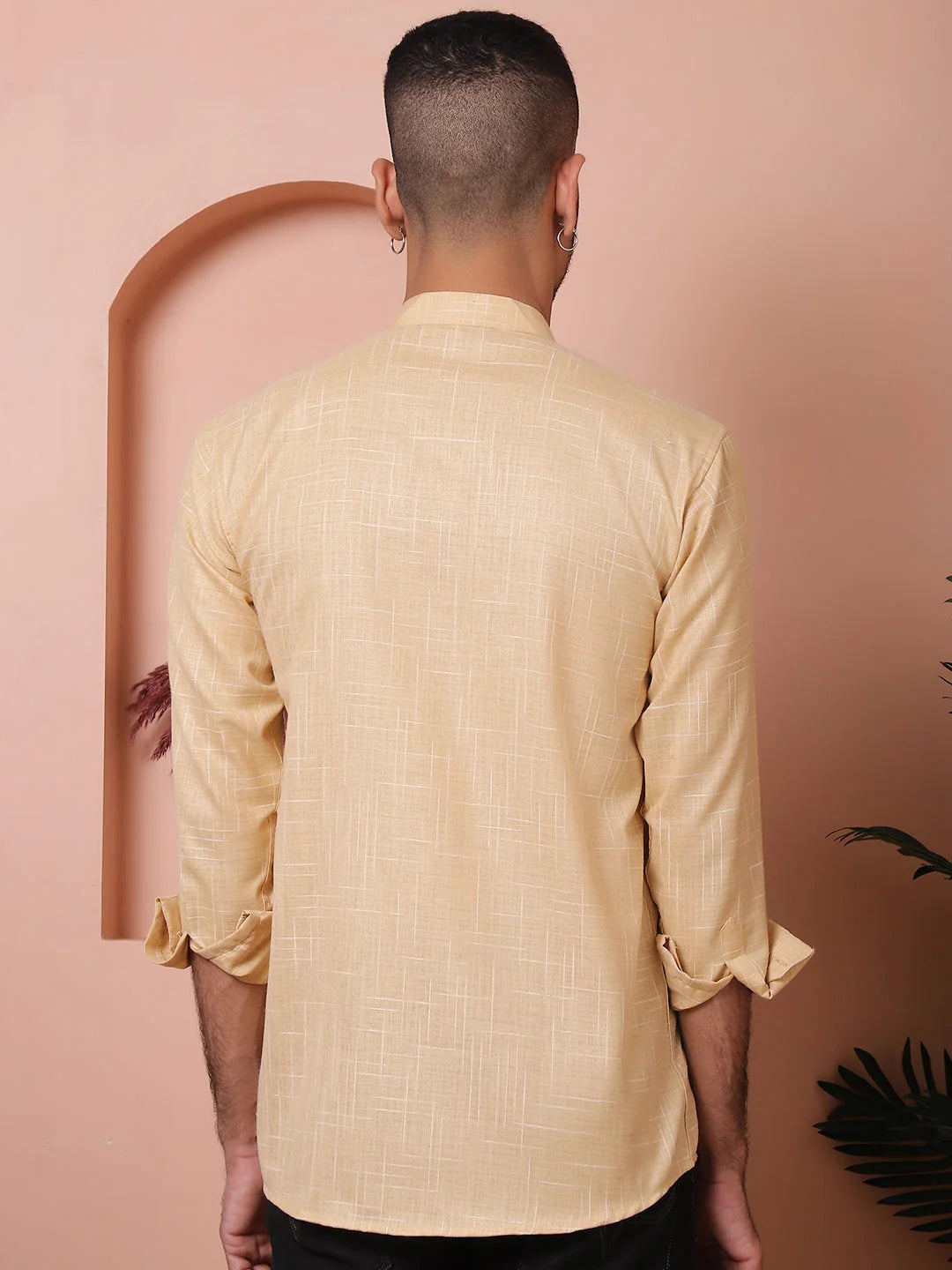 Beige Men's Kurta: Woven Design Cotton Indian Kurta for Men
