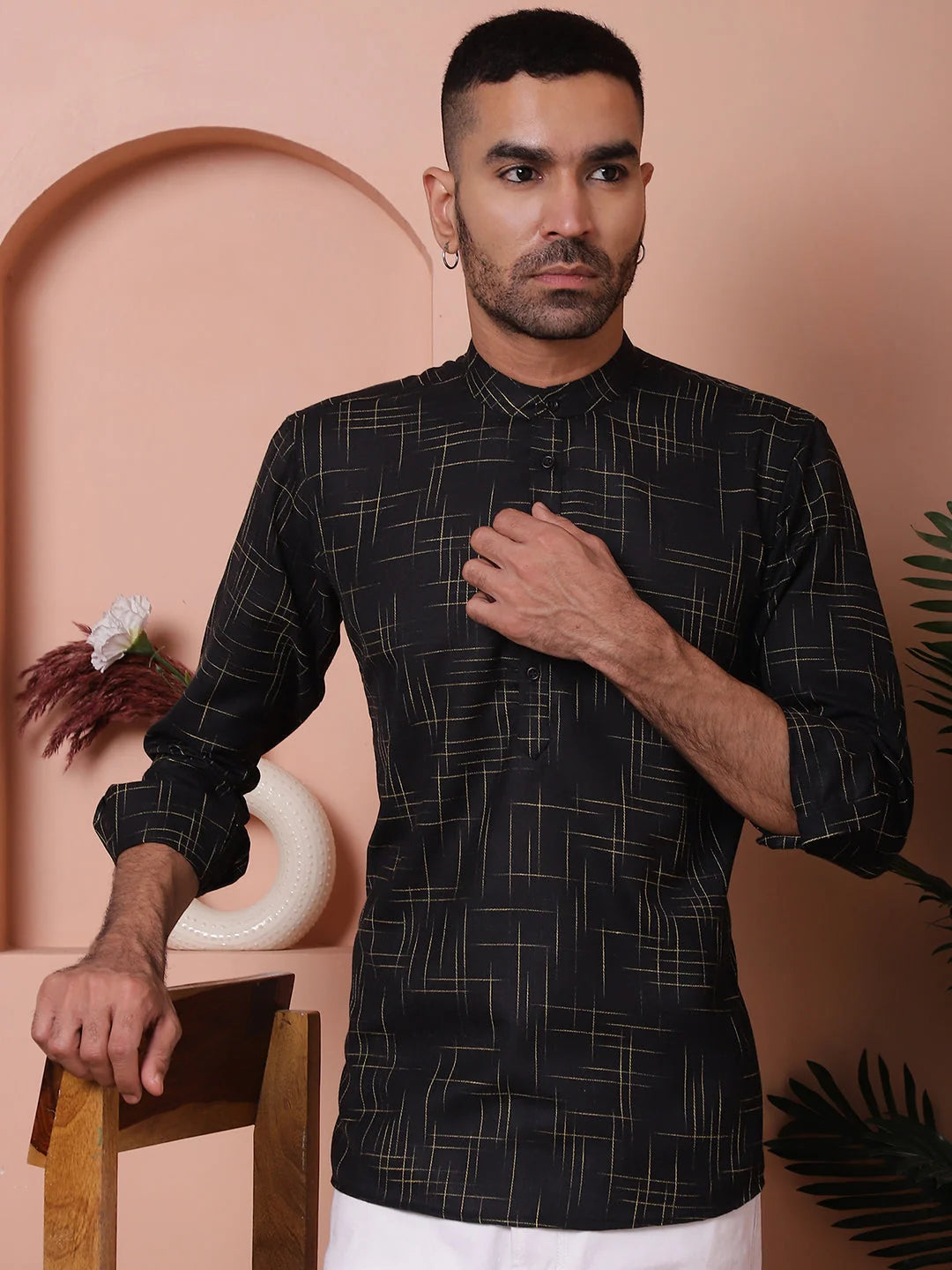 Black Cotton Mens Kurta: Woven Design Short Kurta for Men