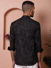 Men Woven Design Short Kurta-KO-5061Black