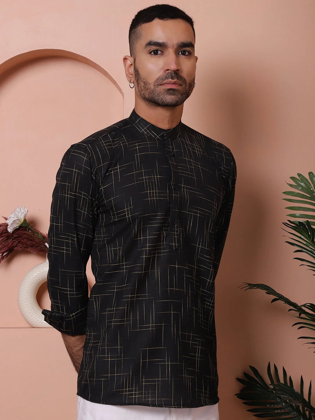 Black Cotton Mens Kurta: Woven Design Short Kurta for Men