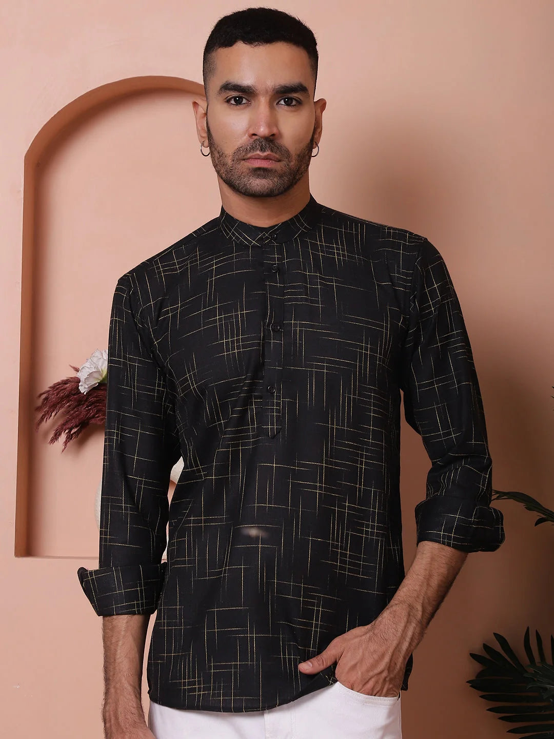 Black Cotton Mens Kurta: Woven Design Short Kurta for Men