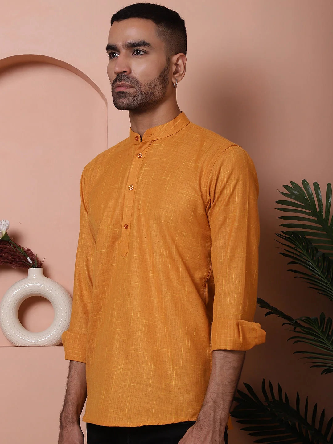 Mustard Men's Kurta: Woven Design Cotton Short Kurta
