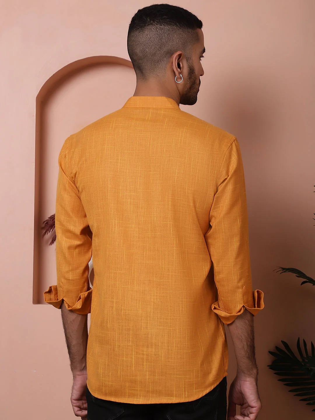 Mustard Men's Kurta: Woven Design Cotton Short Kurta