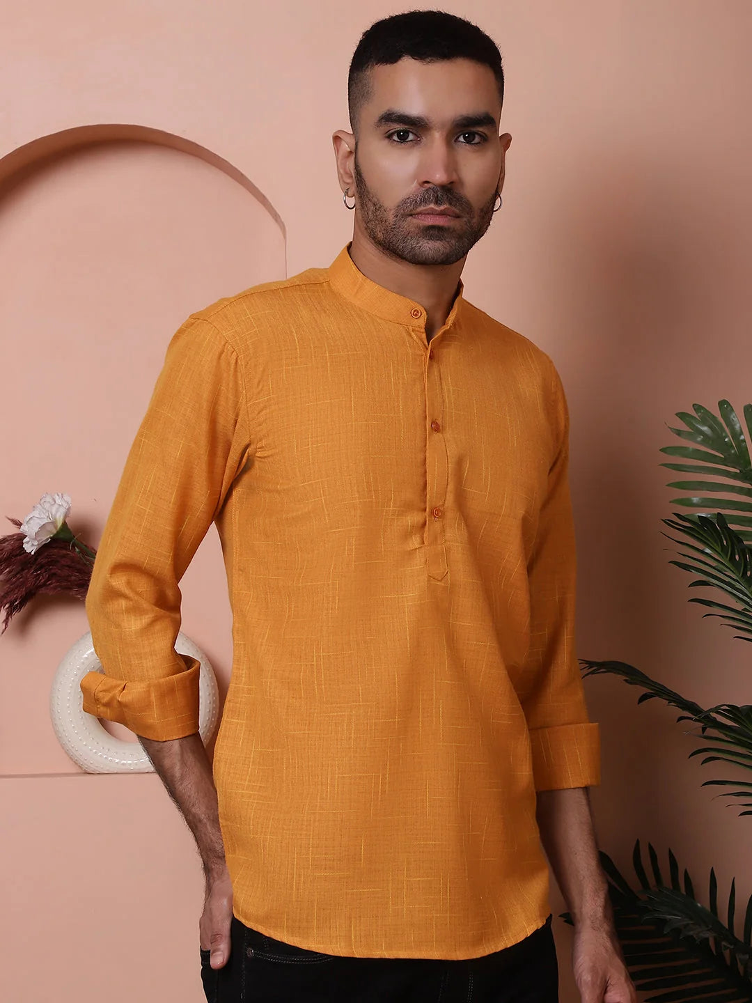 Mustard Men's Kurta: Woven Design Cotton Short Kurta