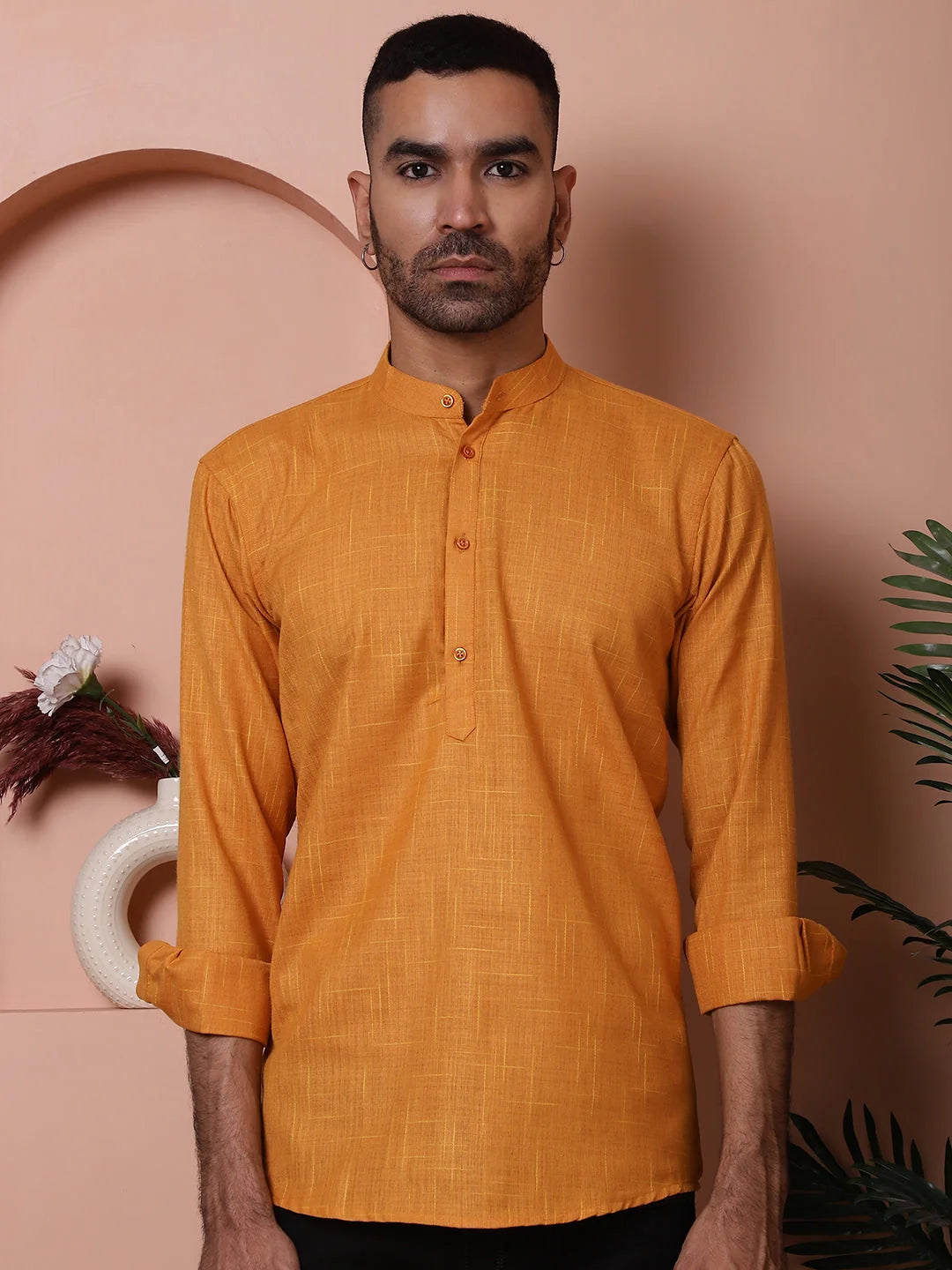 Mustard Men's Kurta: Woven Design Cotton Short Kurta