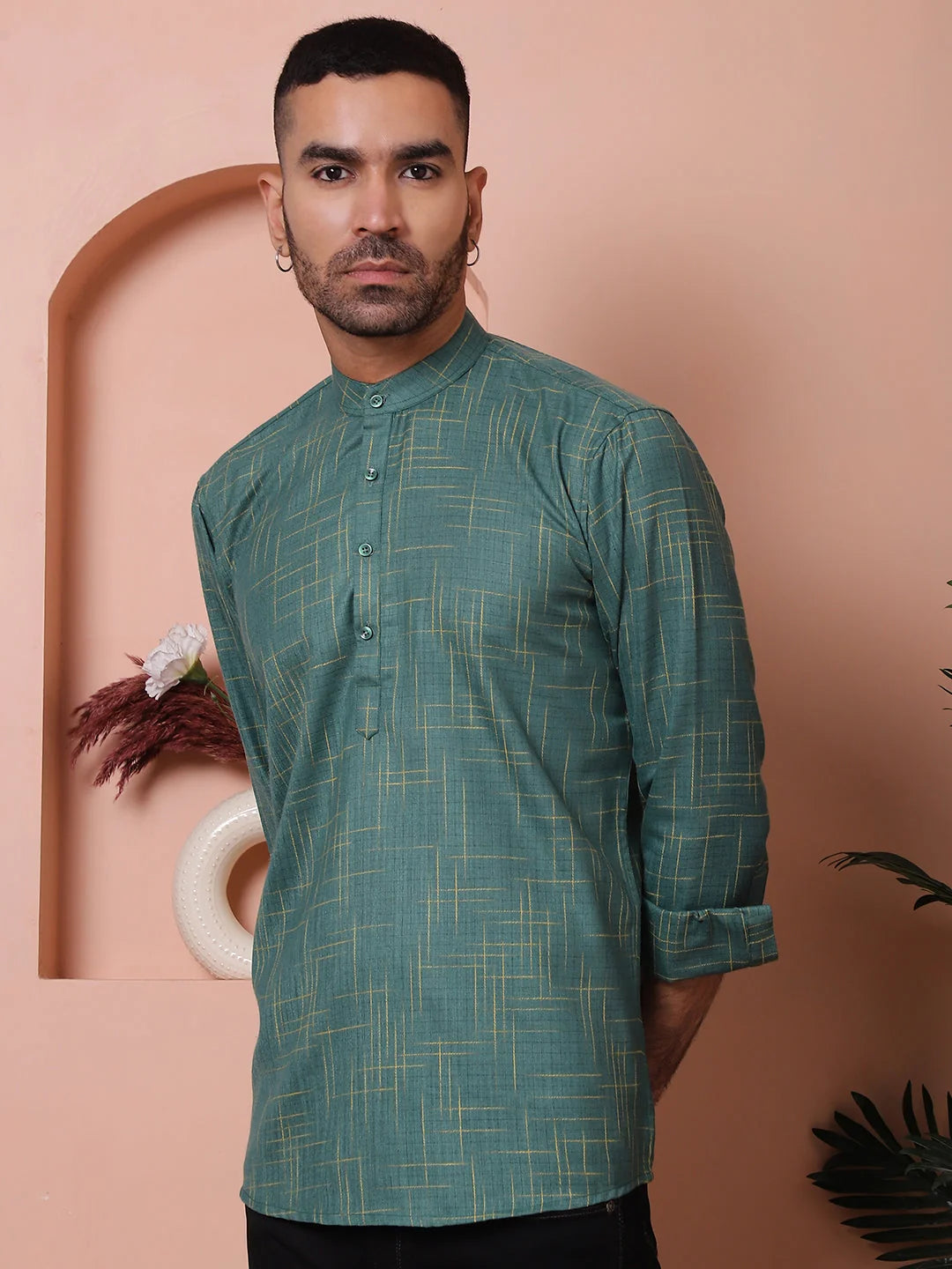 Olive Woven Design Mens Kurta - Stylish Short Kurta for Men