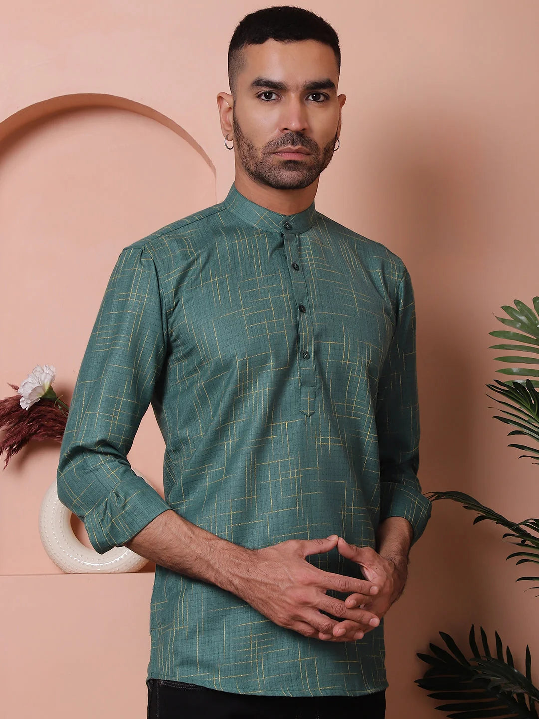 Olive Woven Design Mens Kurta - Stylish Short Kurta for Men
