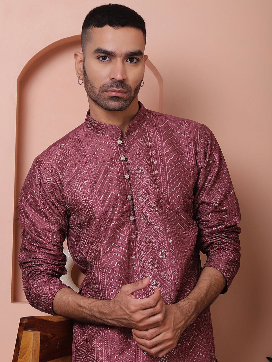Magenta Sequined Mens Kurta - Wedding Kurta for Men