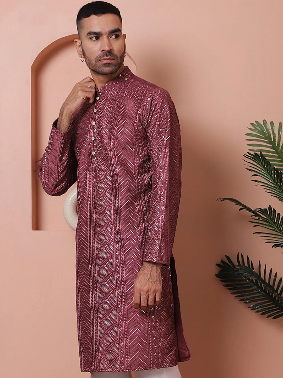 Magenta Sequined Mens Kurta - Wedding Kurta for Men