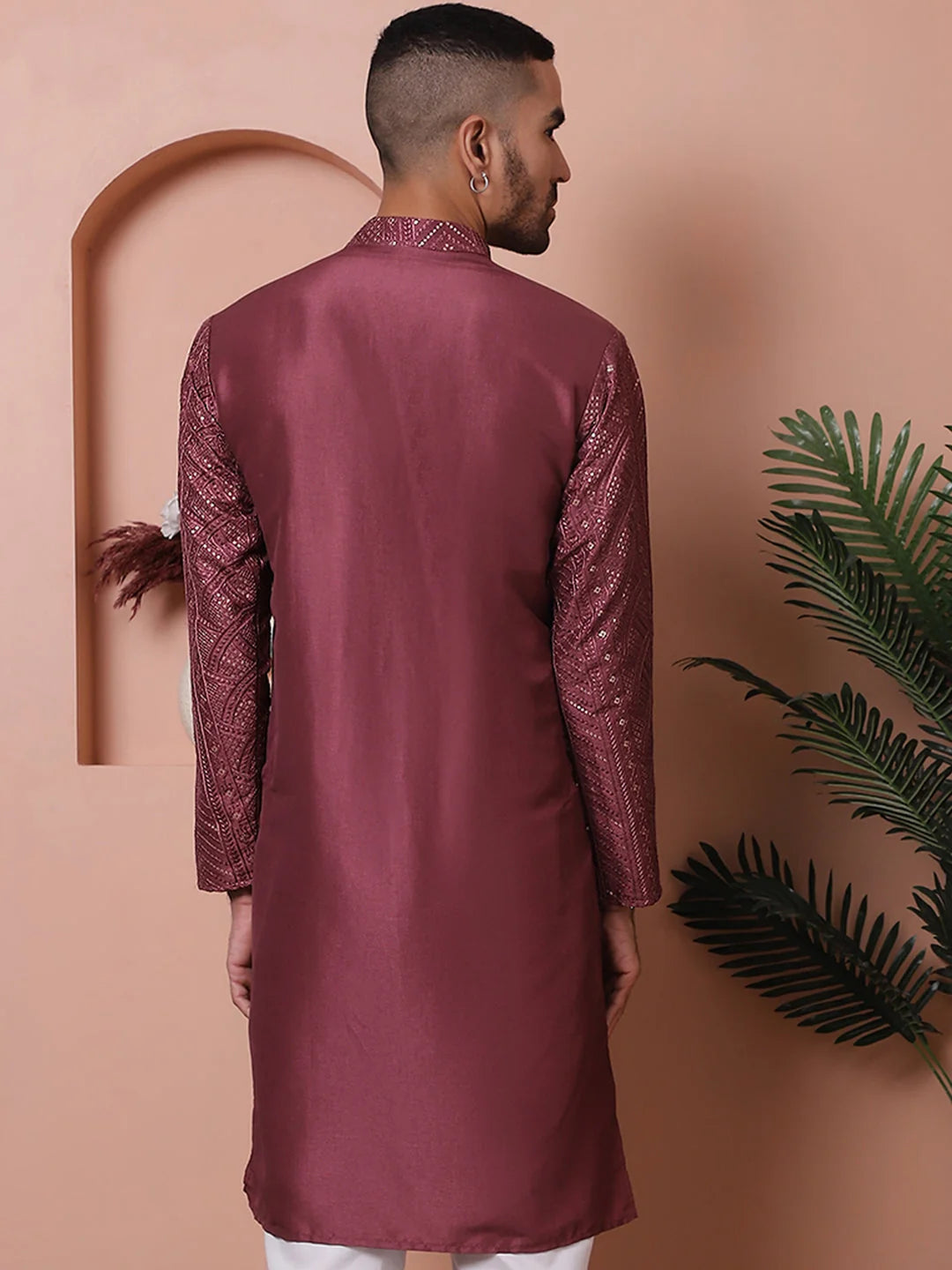 Magenta Sequined Mens Kurta - Wedding Kurta for Men