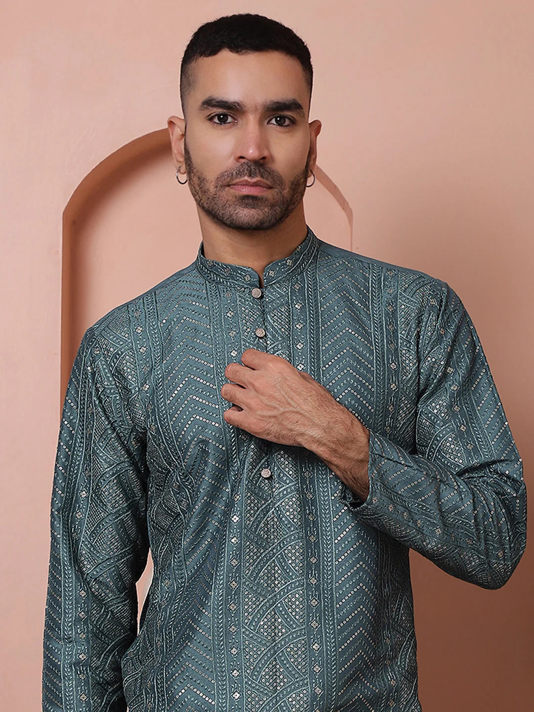 Men's Embroidered and Sequins Kurtas-KO-5063Teal