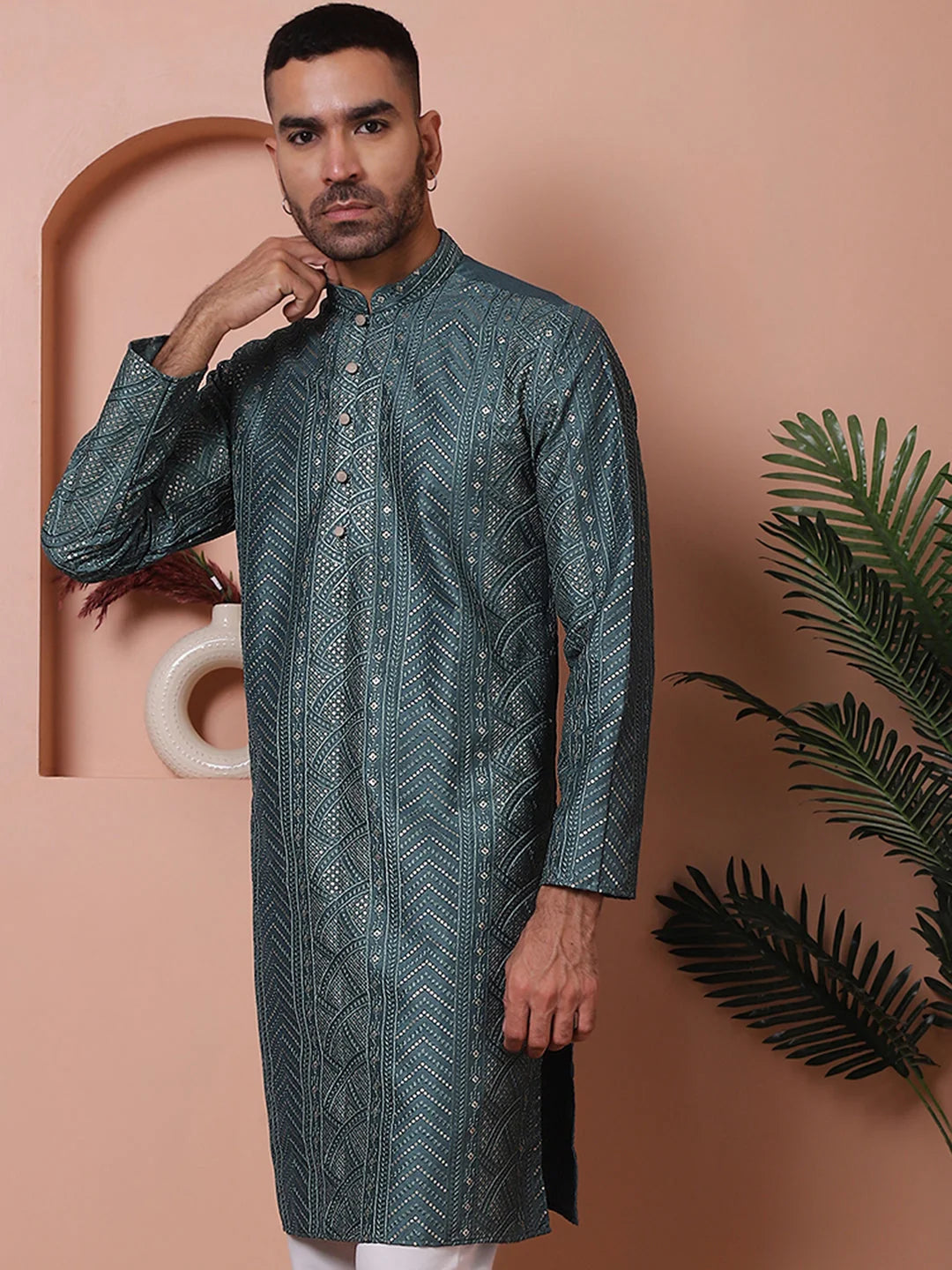 Teal Sequined Mens Kurta - Silk Kurta for Men - Shop Now