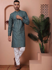 Men's Embroidered and Sequins Kurtas-KO-5063Teal