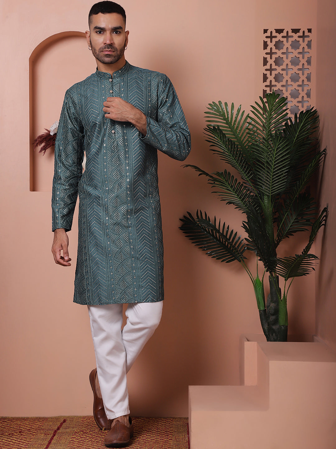 Teal Sequined Mens Kurta - Silk Kurta for Men - Shop Now