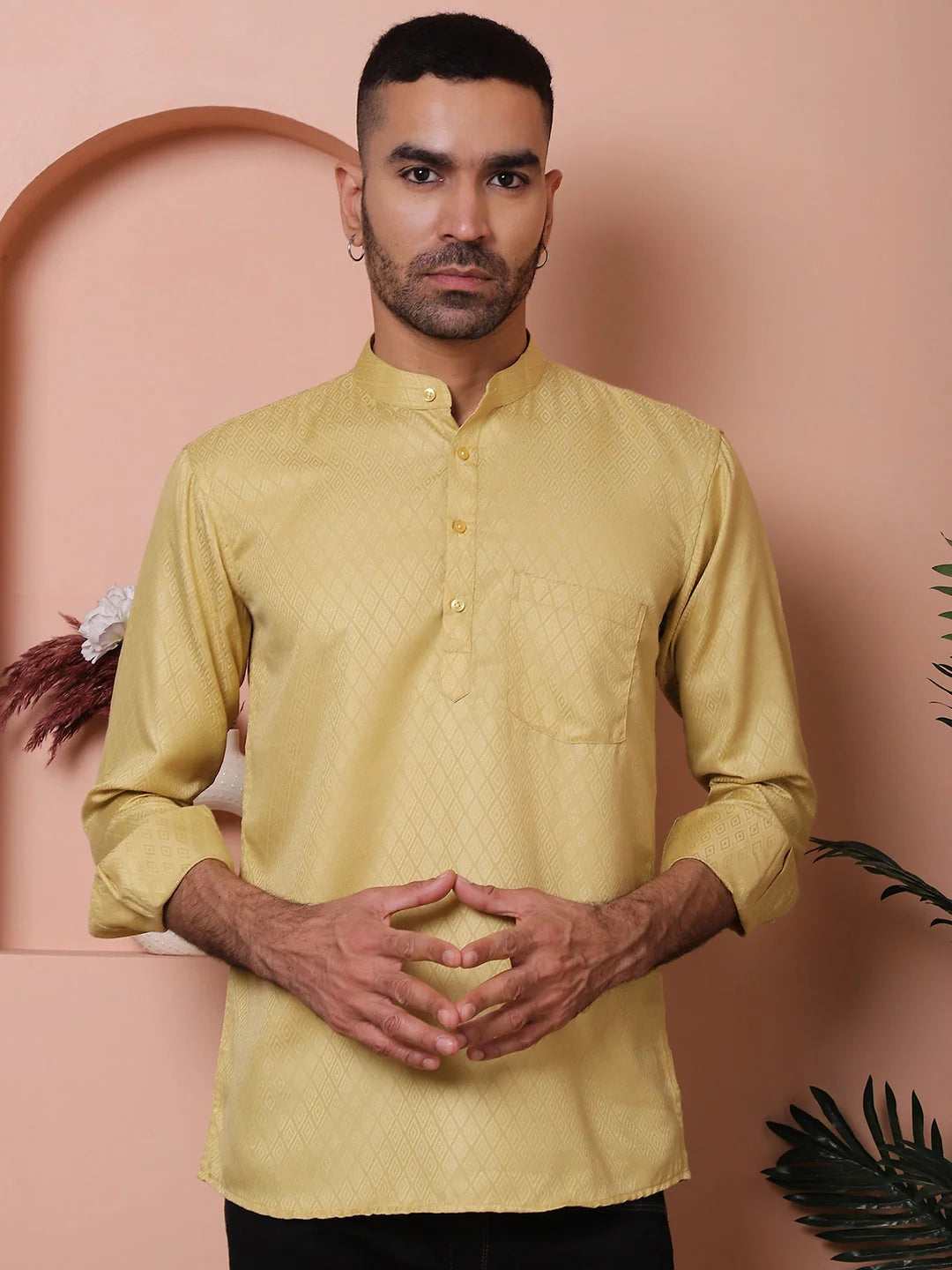 Beige Woven Design Short Kurta for Men-KO-5064Beige