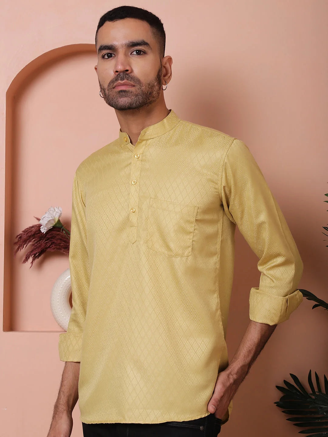 Beige Woven Design Mens Kurta - Short Indian Kurta for Men