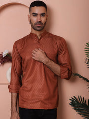 White Woven Design Short Kurta for Men-KO-5064Brown
