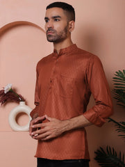 White Woven Design Short Kurta for Men-KO-5064Brown
