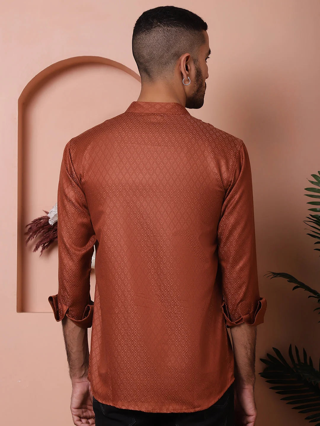 Brown Woven Design Mens Kurta - Short Indian Kurta for Men