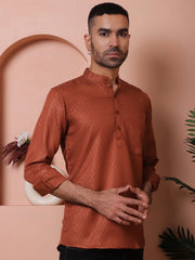 White Woven Design Short Kurta for Men-KO-5064Brown