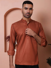 White Woven Design Short Kurta for Men-KO-5064Brown
