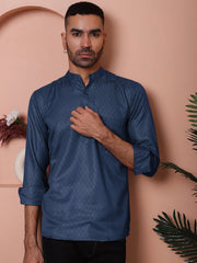 Woven Design Short Kurta for Men ( KO 5064 Navy )