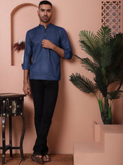 Woven Design Short Kurta for Men ( KO 5064 Navy )