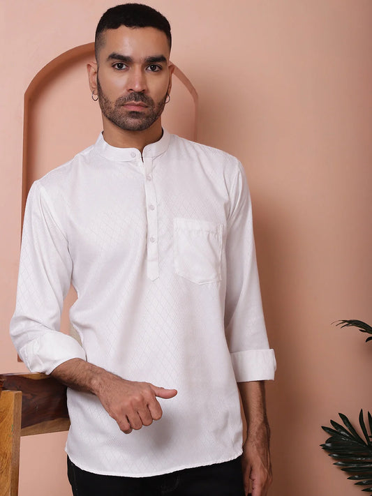 White Woven Design Short Kurta for Men-KO-5064White 1080