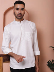 White Woven Design Short Kurta for Men-KO-5064White