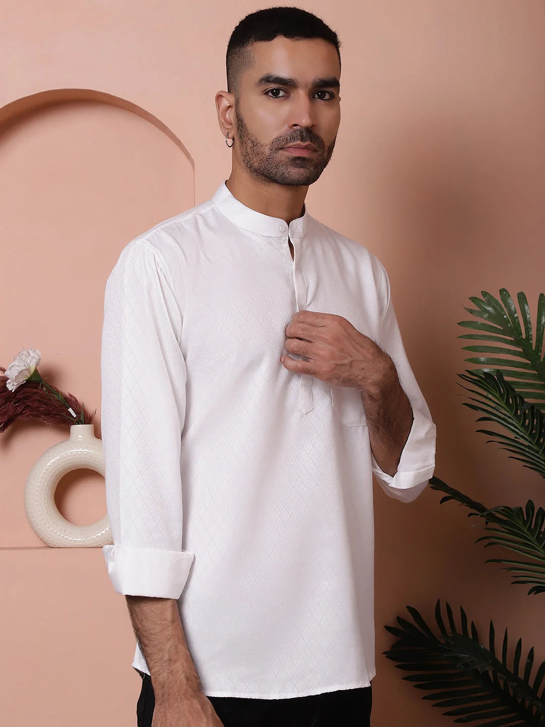 White Woven Design Mens Kurta - Short Indian Kurta for Men