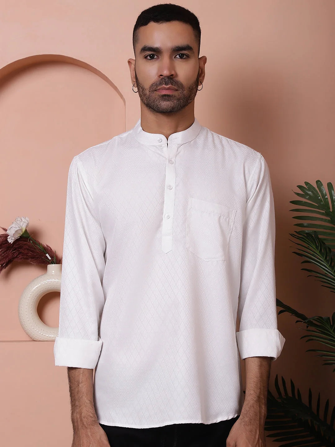 White Woven Design Mens Kurta - Short Indian Kurta for Men
