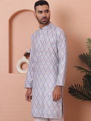 Men's Printed and Embroidered Kurtas-KO-5065Blue