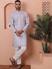 Men's Printed and Embroidered Kurtas-KO-5065Blue