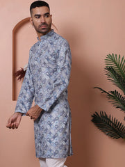 Men's Printed and Embroidered Kurtas-KO-5065Grey