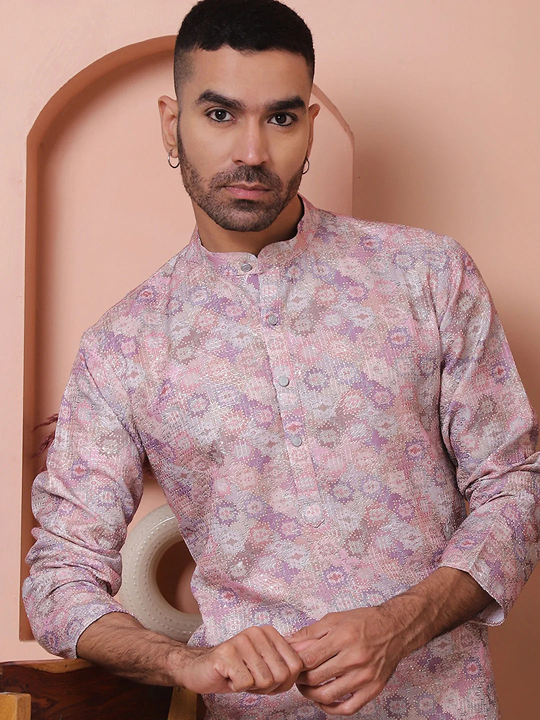 Men's Printed and Embroidered Kurtas-KO-5065Purple