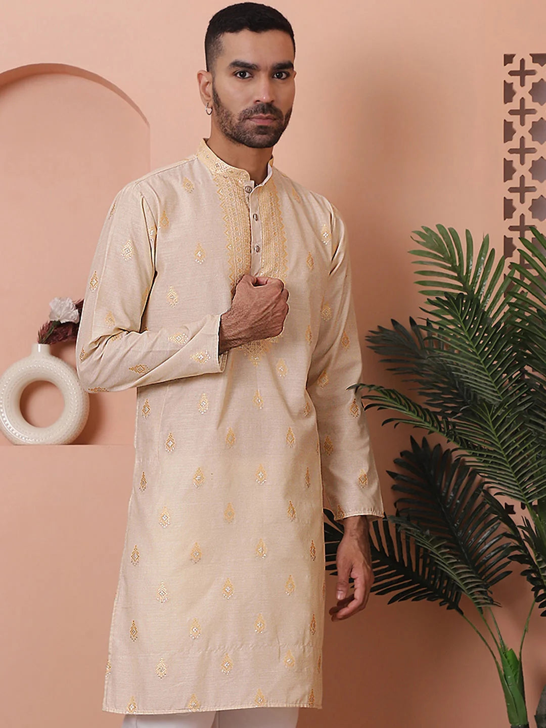 Men's Cream Foil Printed Kurta | Indian Kurta for Men