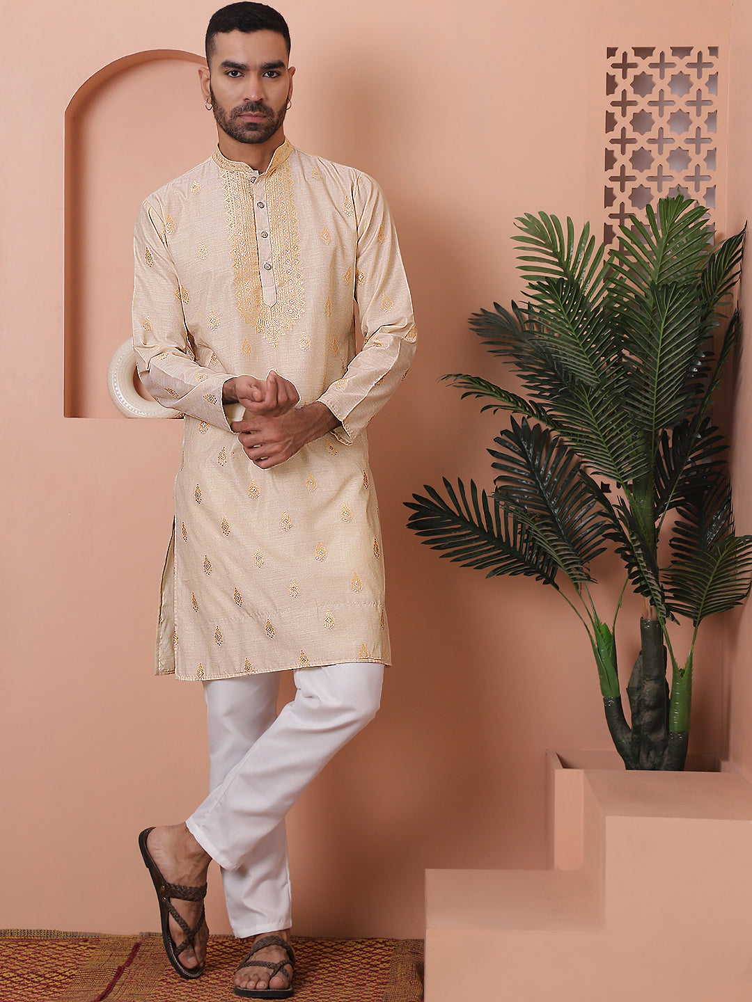 Men's Cream Foil Printed Kurta | Indian Kurta for Men