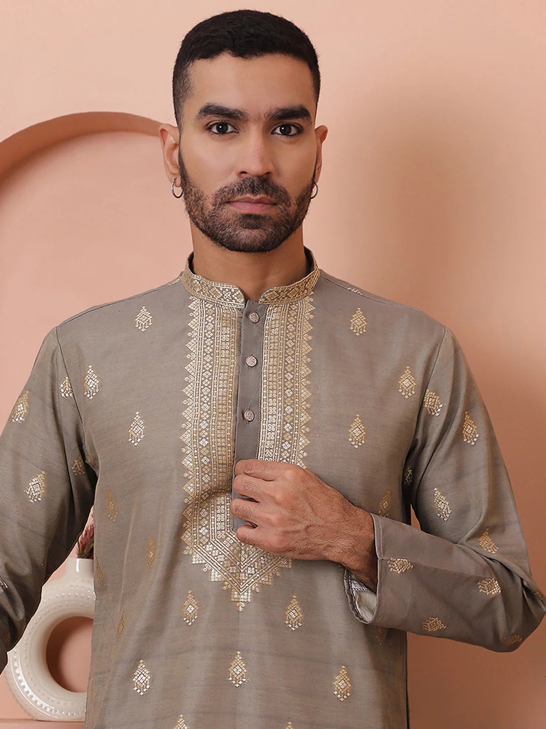 Men's Grey Foil Printed Kurta | Indian Kurta for Men