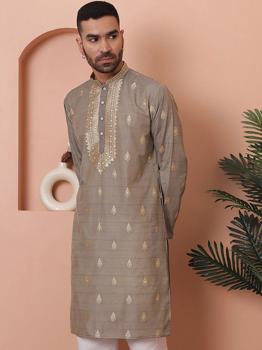 Men's Grey Foil Printed Kurta | Indian Kurta for Men