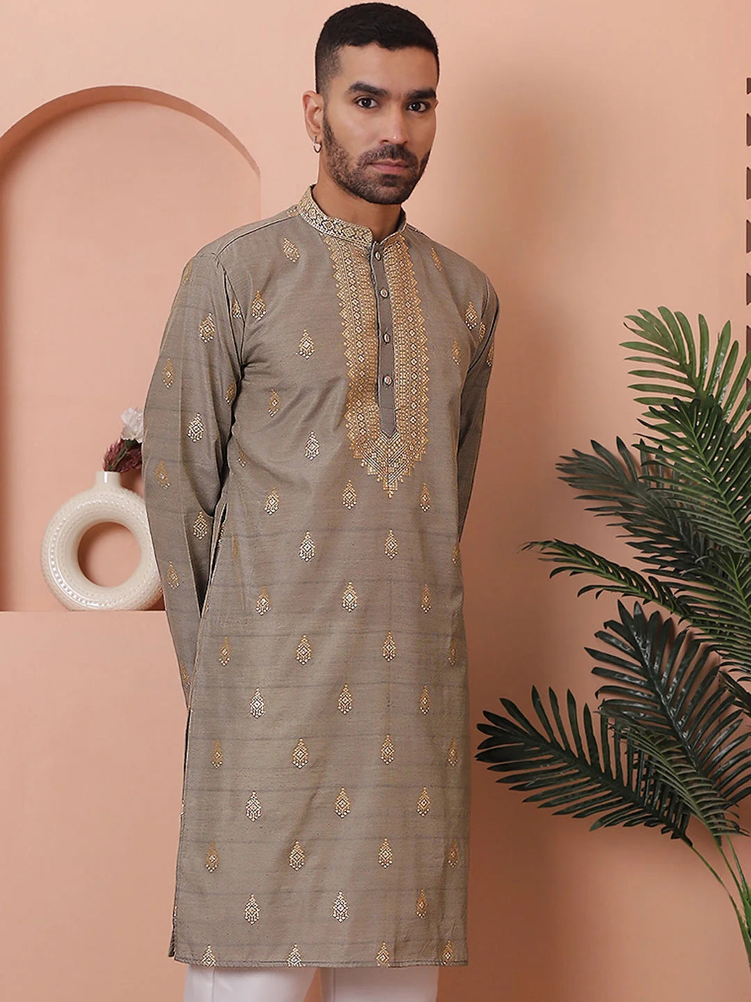 Men's Grey Foil Printed Kurta | Indian Kurta for Men