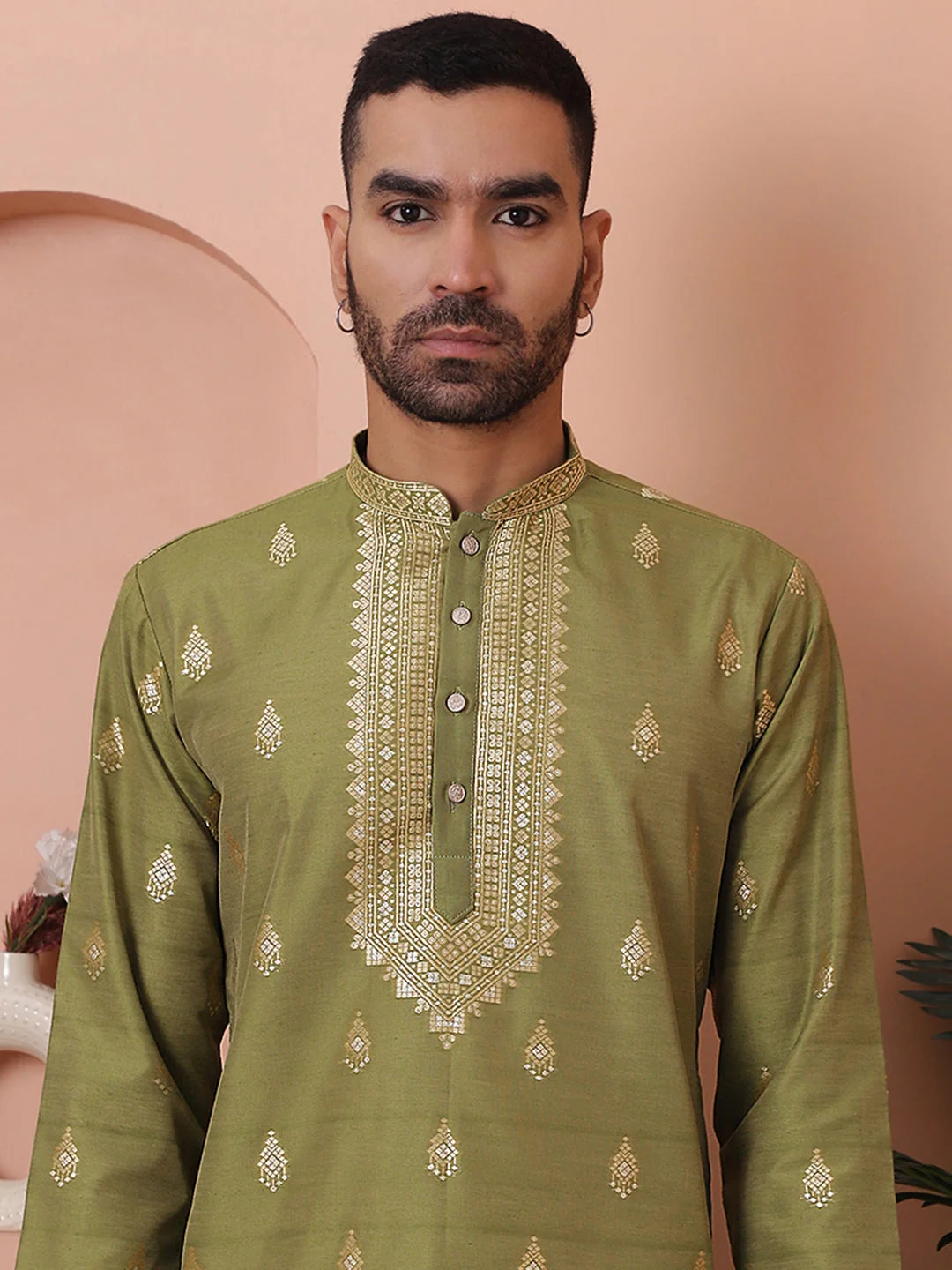 Men's Foil Printed Kurtas-KO-5067Olive