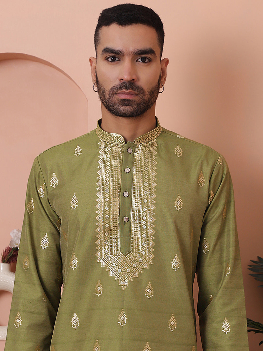 Men's Olive Foil Printed Kurta | Indian Kurta for Men