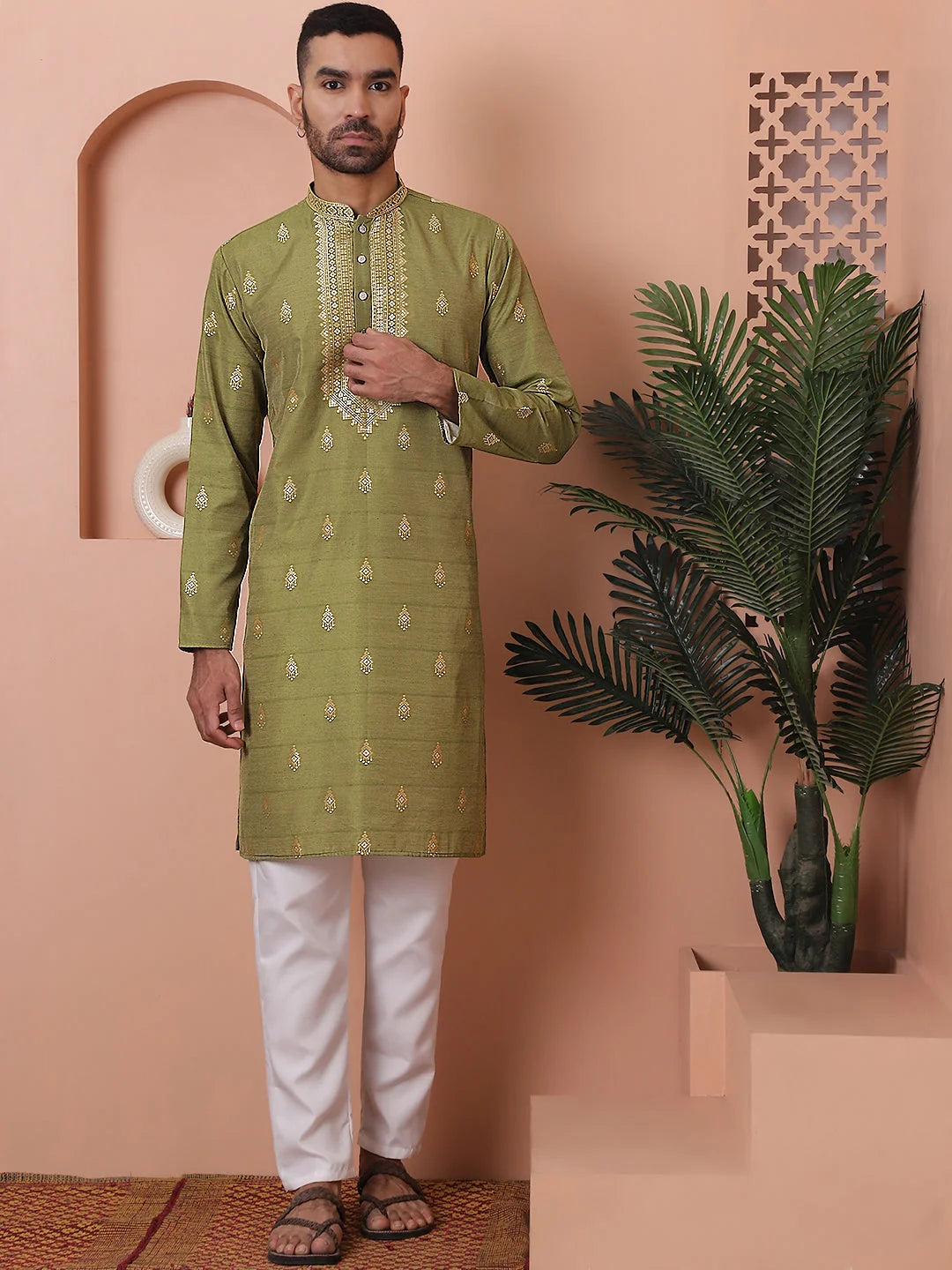 Men's Olive Foil Printed Kurta | Indian Kurta for Men